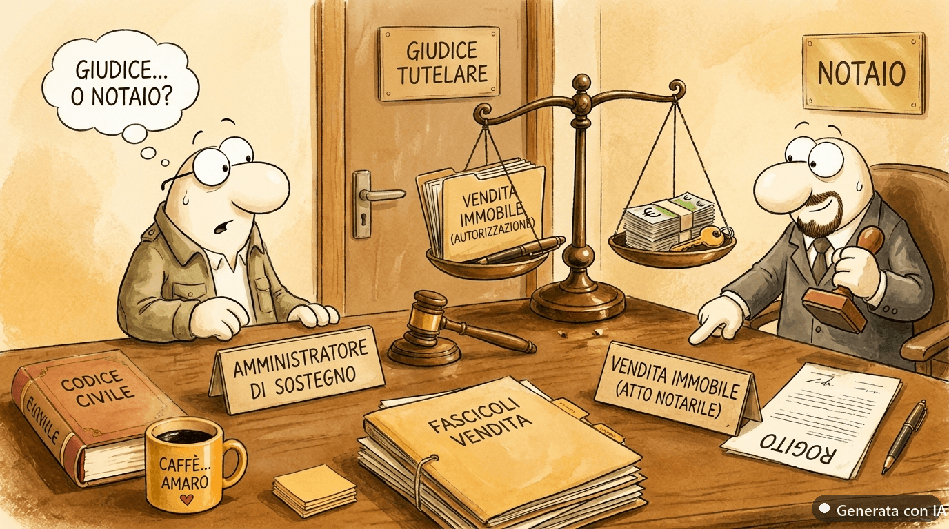 Amministratore di sostegno e vendita immobile: serve il giudice tutelare o il notaio? - illustrazione ironica