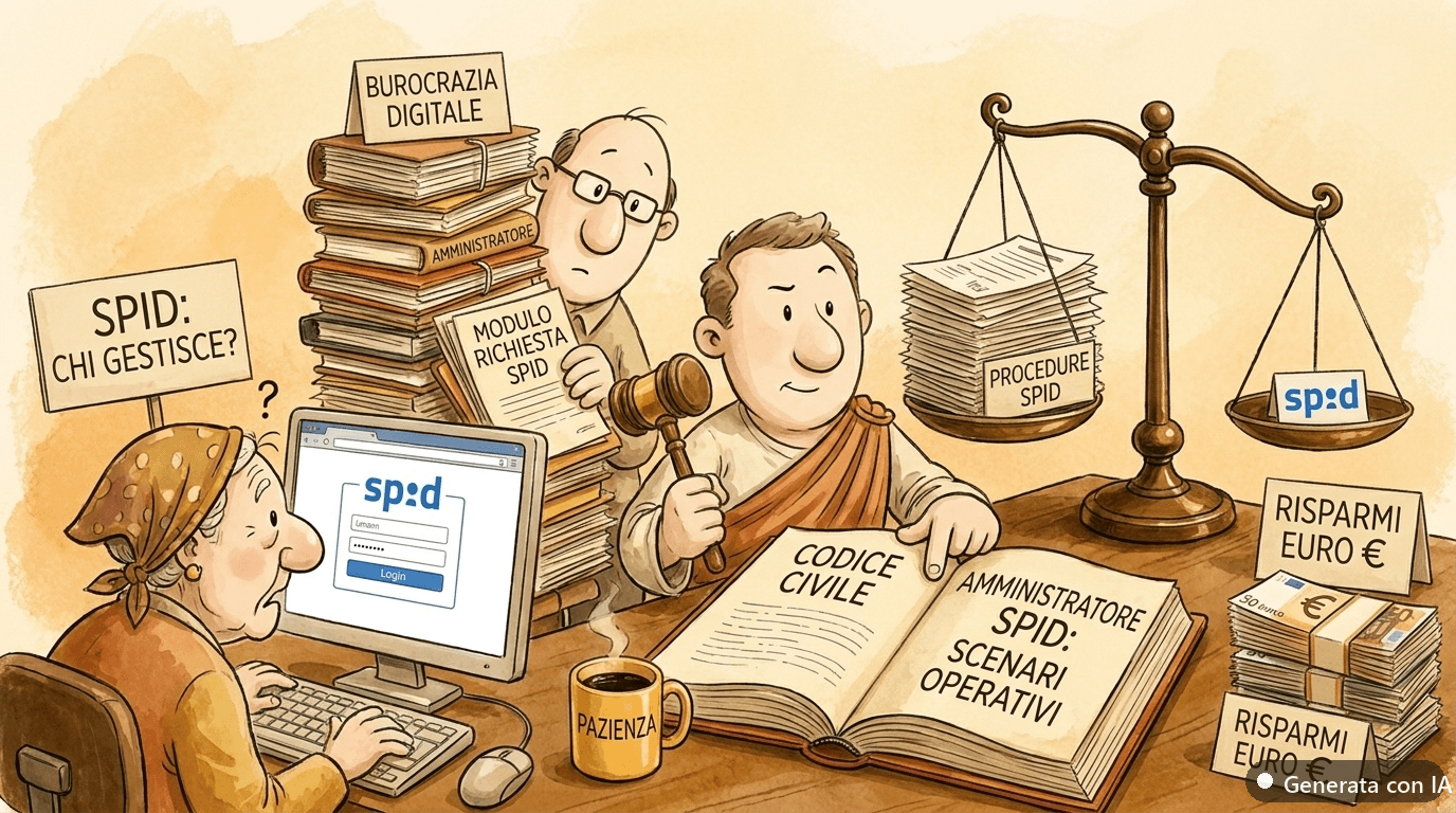 Amministratore di sostegno e SPID: chi gestisce l'identità digitale del beneficiario - illustrazione ironica