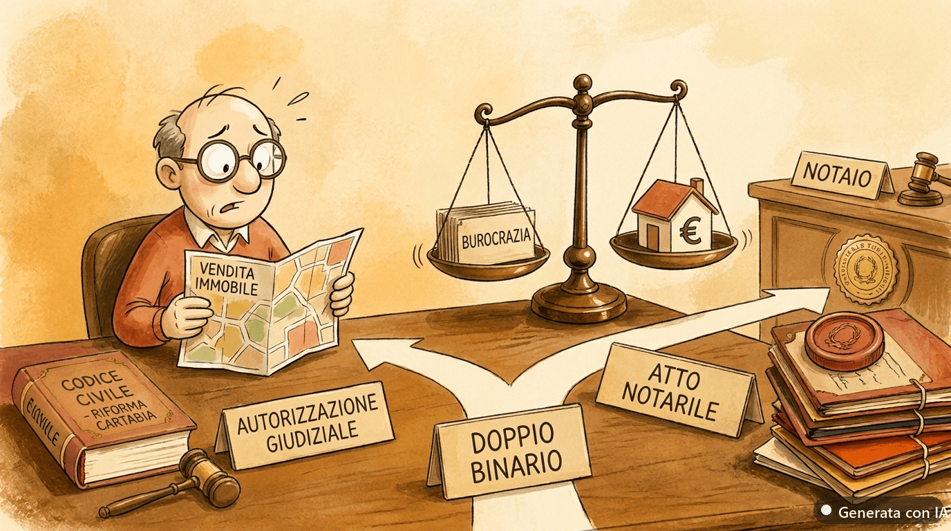 Amministratore di sostegno e vendita immobile: serve il giudice tutelare o il notaio? - illustrazione ironica