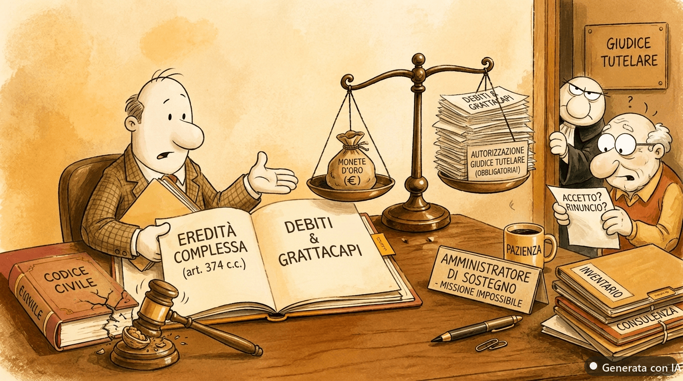 Amministratore di sostegno ed eredità: come accetta o rinuncia per il beneficiario (art. 374 c.c.) - illustrazione ironica