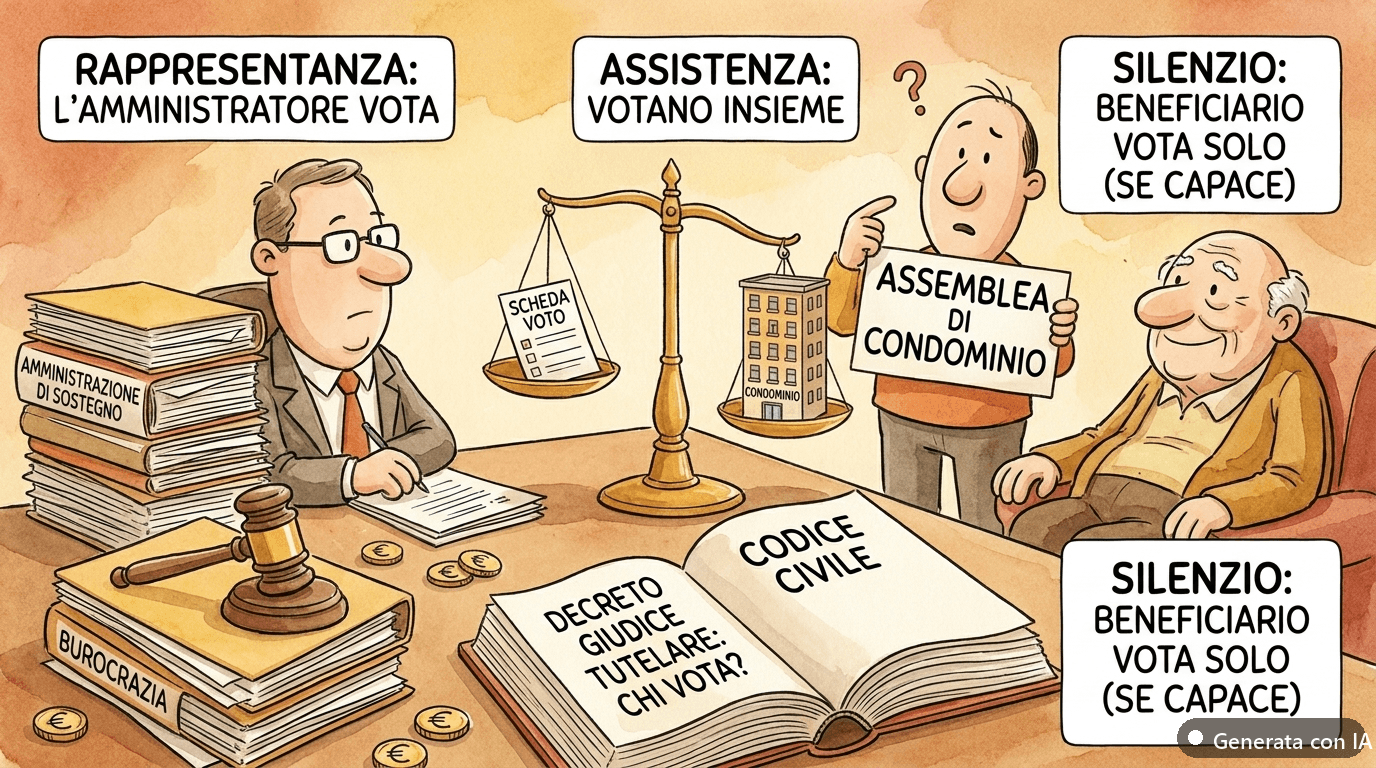 Amministrazione di sostegno e condominio: chi vota nell'assemblea per il beneficiario? - illustrazione ironica