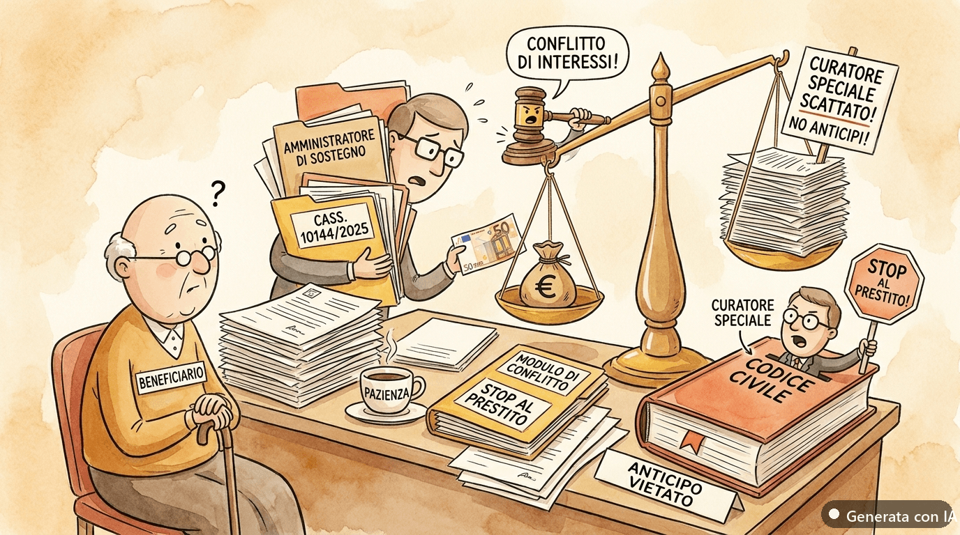 Conflitto di interessi dell'amministratore di sostegno: quando scatta il curatore speciale (Cass. 10144/2025) - illustrazione ironica
