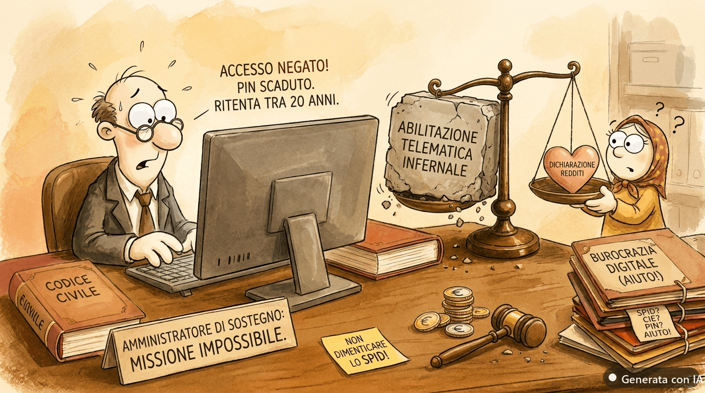 Dichiarazione dei redditi del beneficiario: cosa deve fare l'amministratore di sostegno - illustrazione ironica