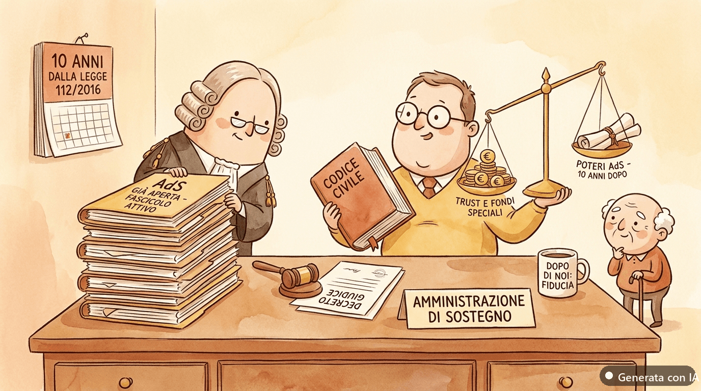 Dopo di Noi e amministrazione di sostegno: trust, fondi speciali e poteri dell'AdS a dieci anni dalla Legge 112/2016 - illustrazione ironica