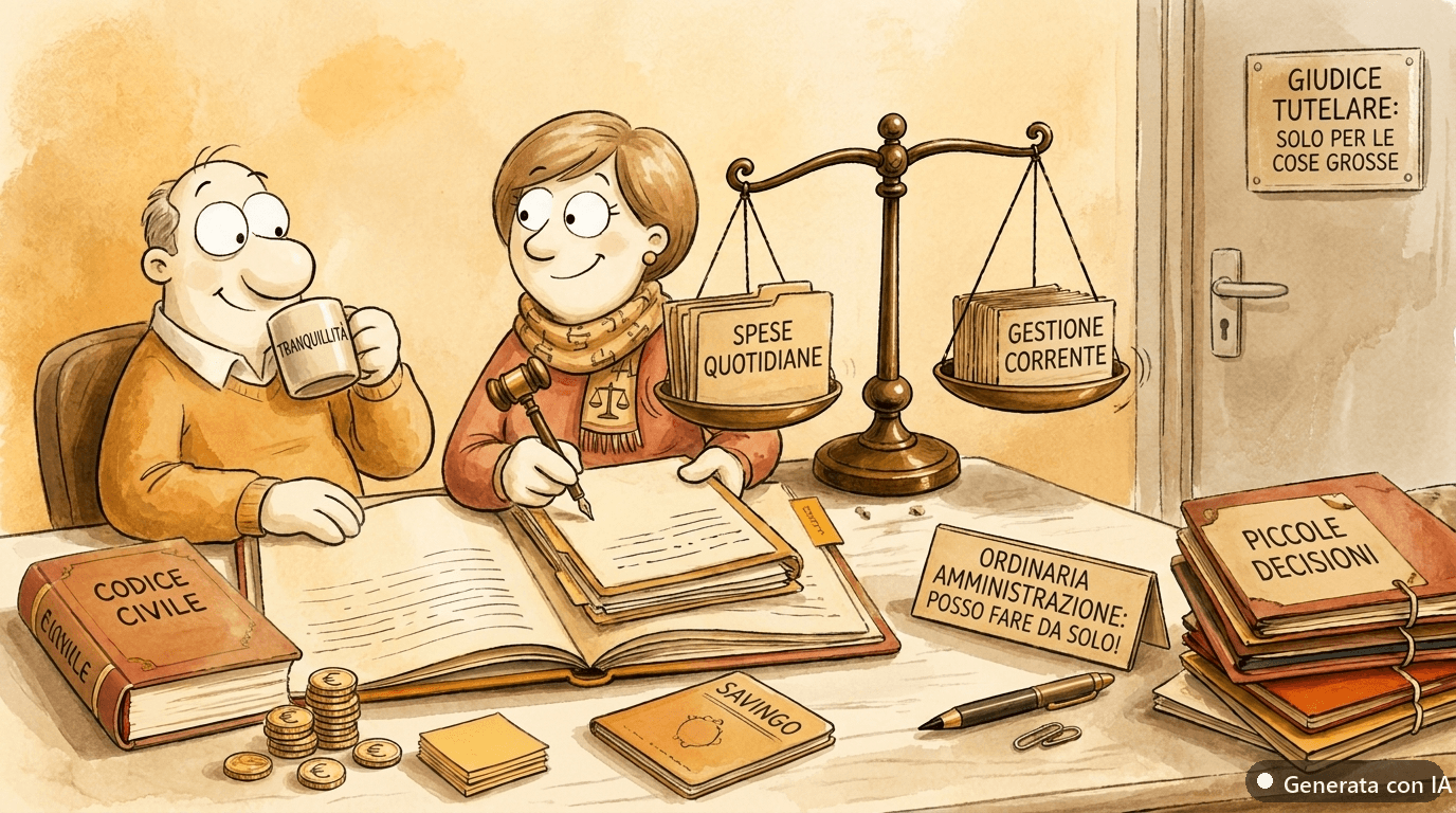 Ordinaria e straordinaria amministrazione: cosa può fare l'amministratore di sostegno senza il giudice tutelare - illustrazione ironica