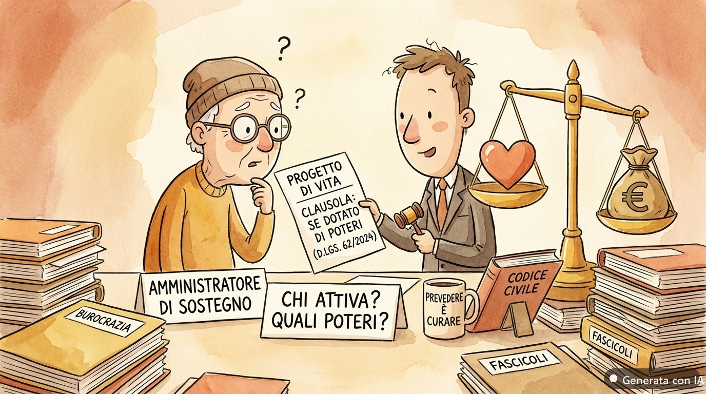 Progetto di vita e amministratore di sostegno: chi lo attiva e con quali poteri (D.Lgs. 62/2024) - illustrazione ironica