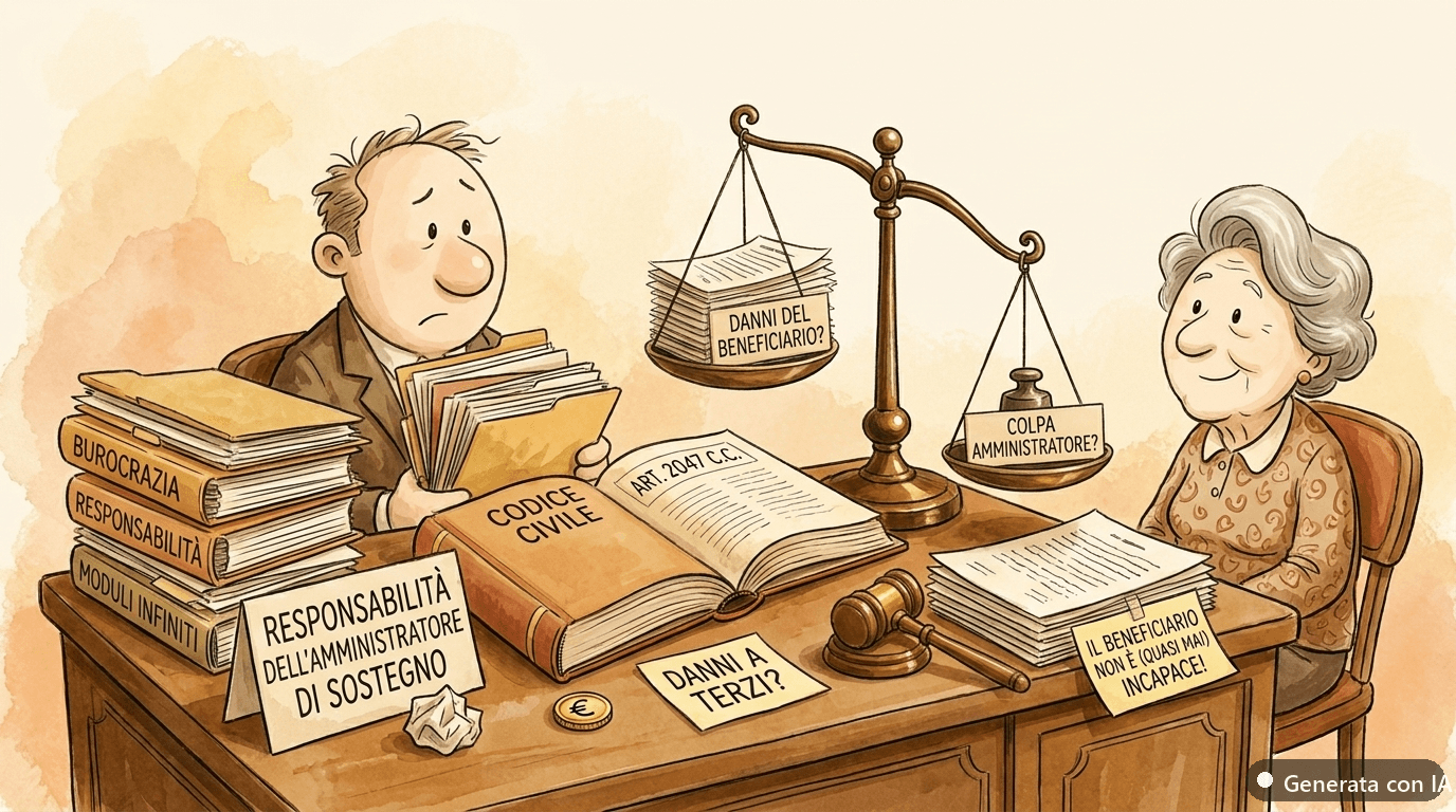 Responsabilità dell'amministratore di sostegno: risponde dei danni causati dal beneficiario? (art. 2047 c.c.) - illustrazione ironica