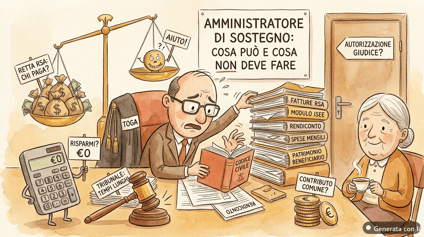 Rette RSA e amministratore di sostegno: chi paga la casa di riposo del beneficiario? - illustrazione ironica