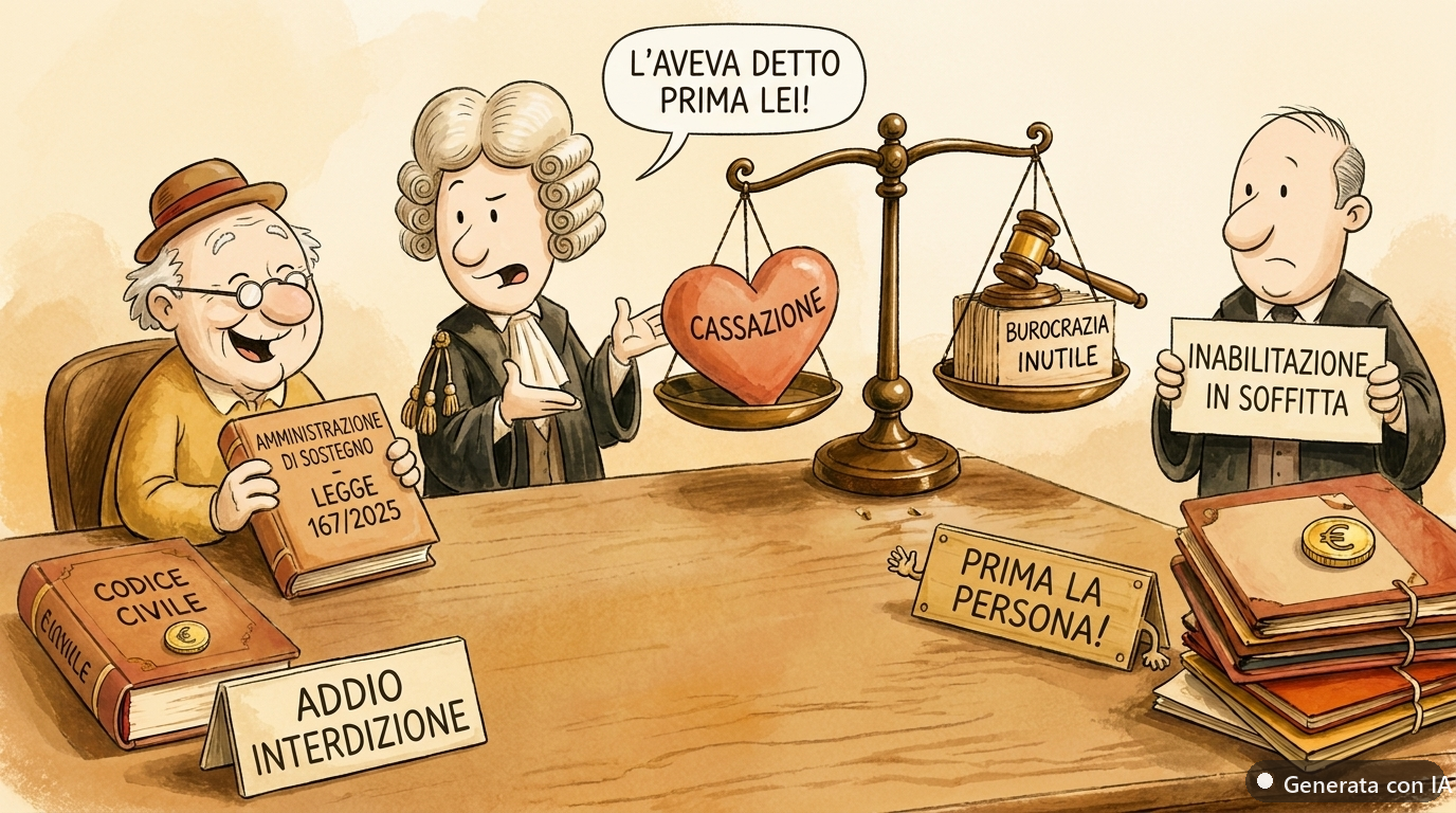 Riforma amministrazione di sostegno: la legge 167/2025 manda in soffitta interdizione e inabilitazione - illustrazione ironica